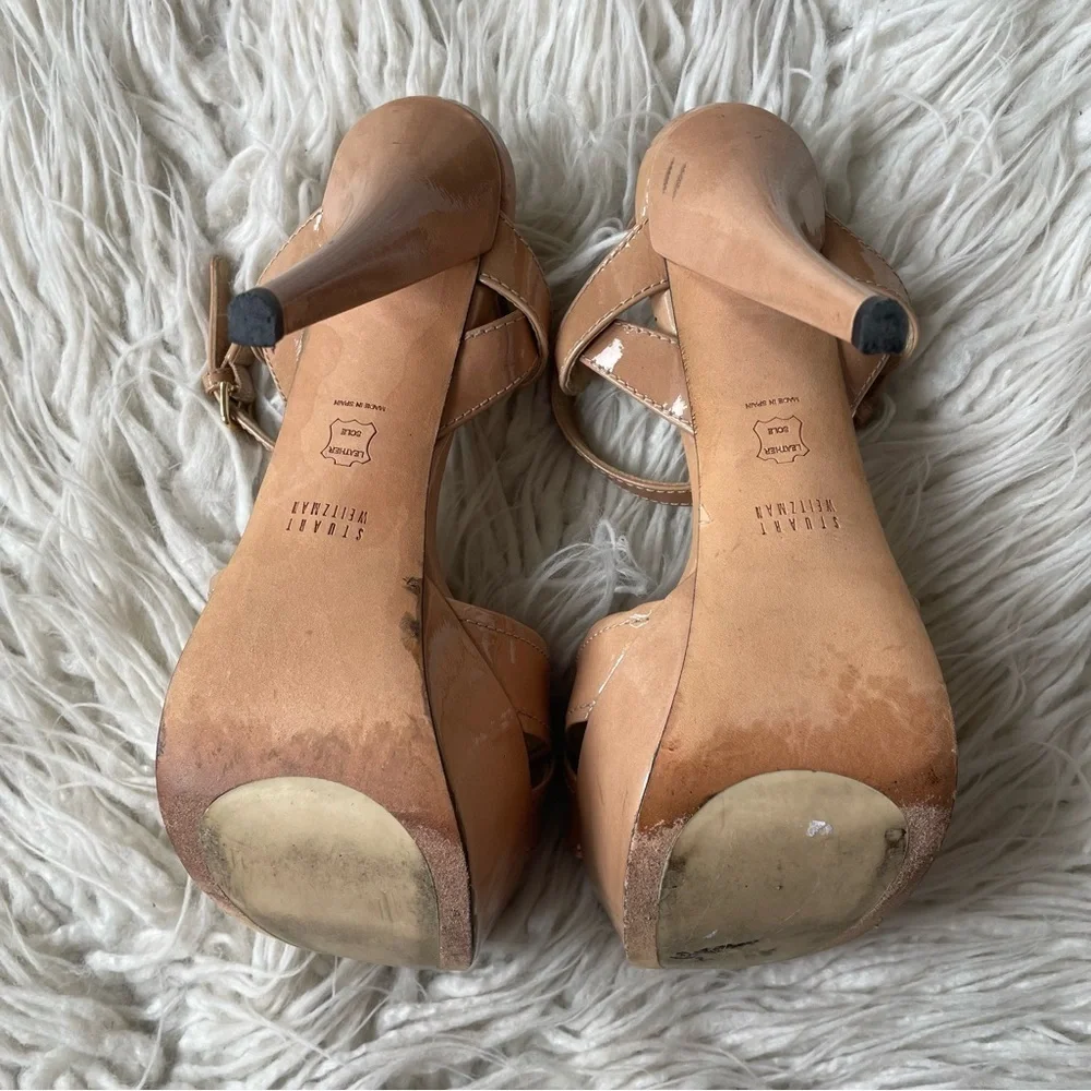 Stuart Weitzman Nexus Open Toe Patent Leather Nude Platform Heeled Sandals Sz 9